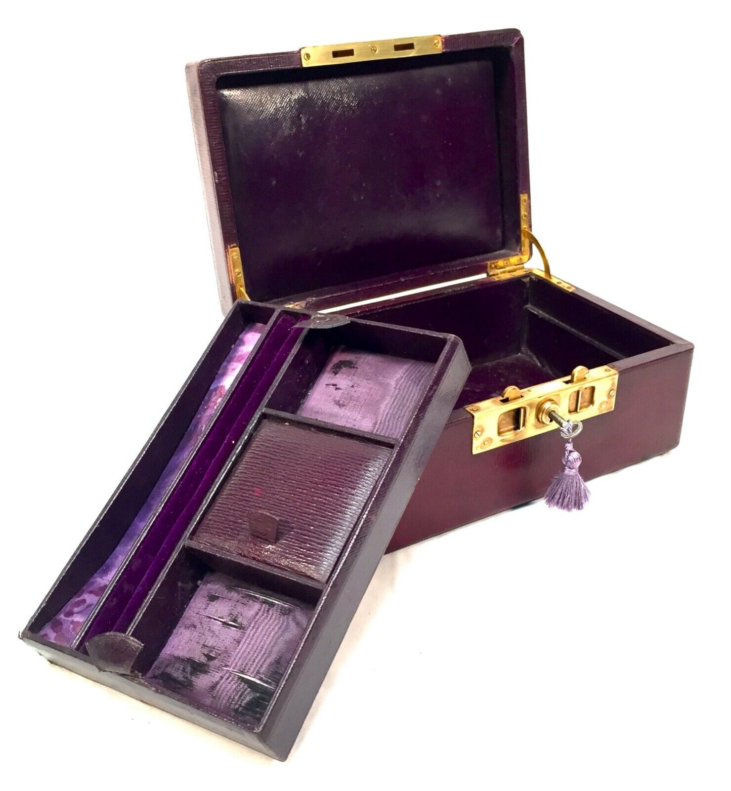 Antique Late Victorian Purple Leather Bound Jewellery Box with Key c.1900