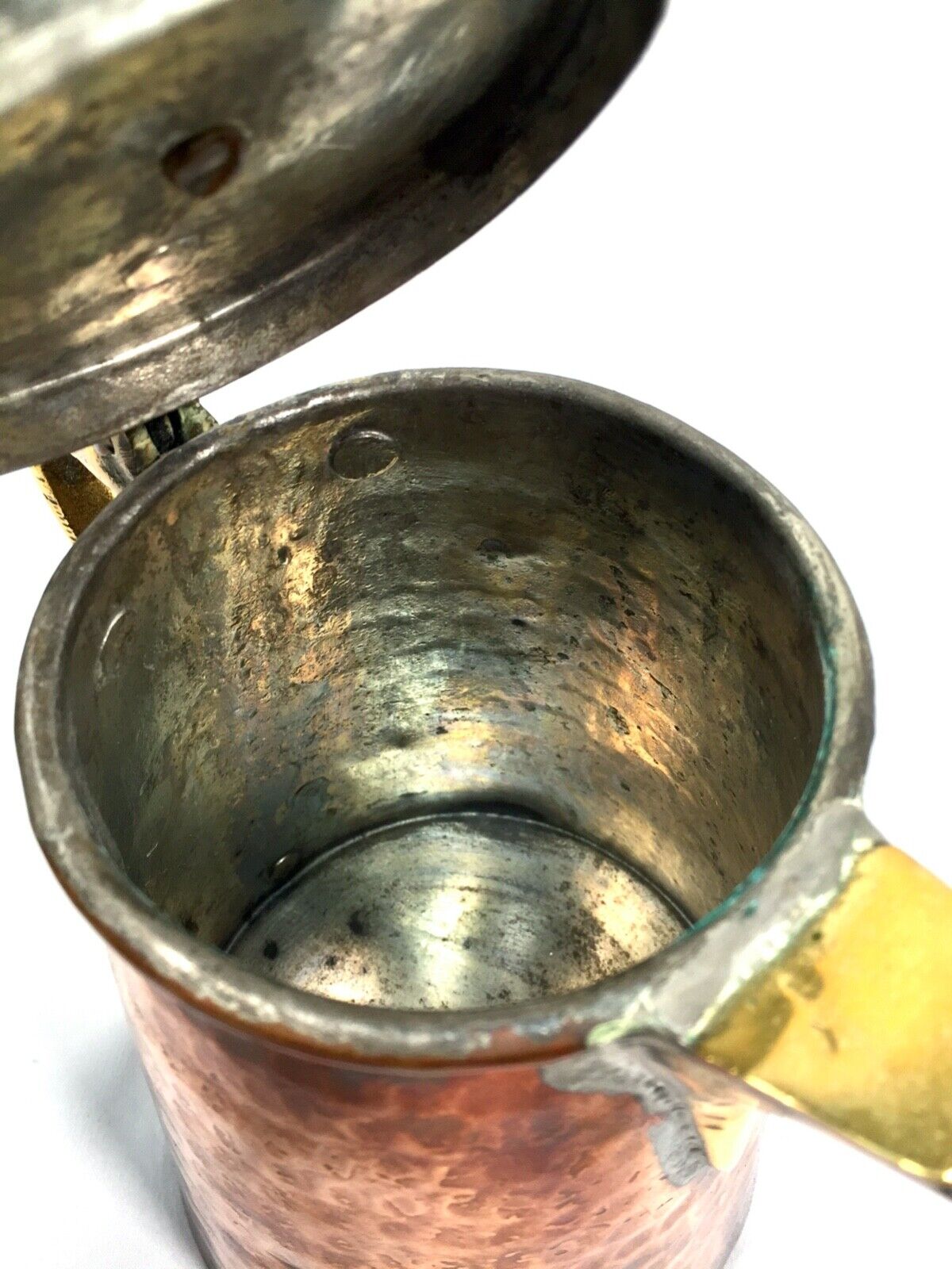 Antique Arts & Crafts Movement Hammered Copper & Brass Hot Water Tankard c.1900