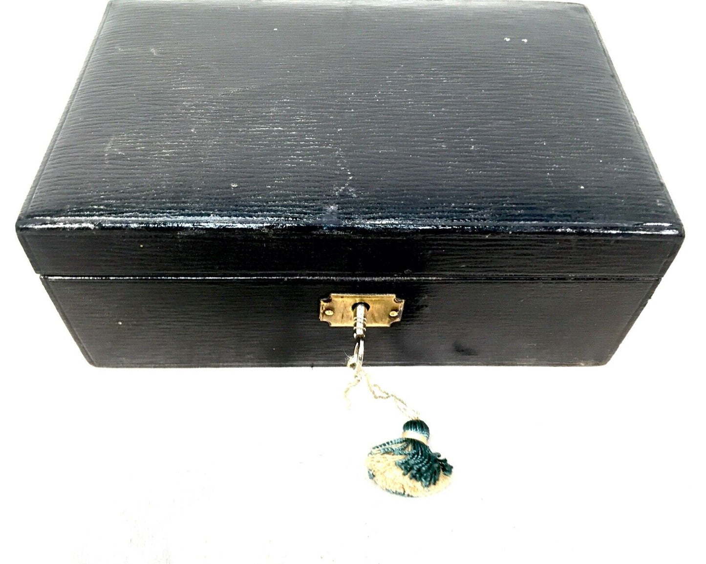 Antique Victorian Leather Bound Jewellery Box with Key c.1890 / Black / Blue