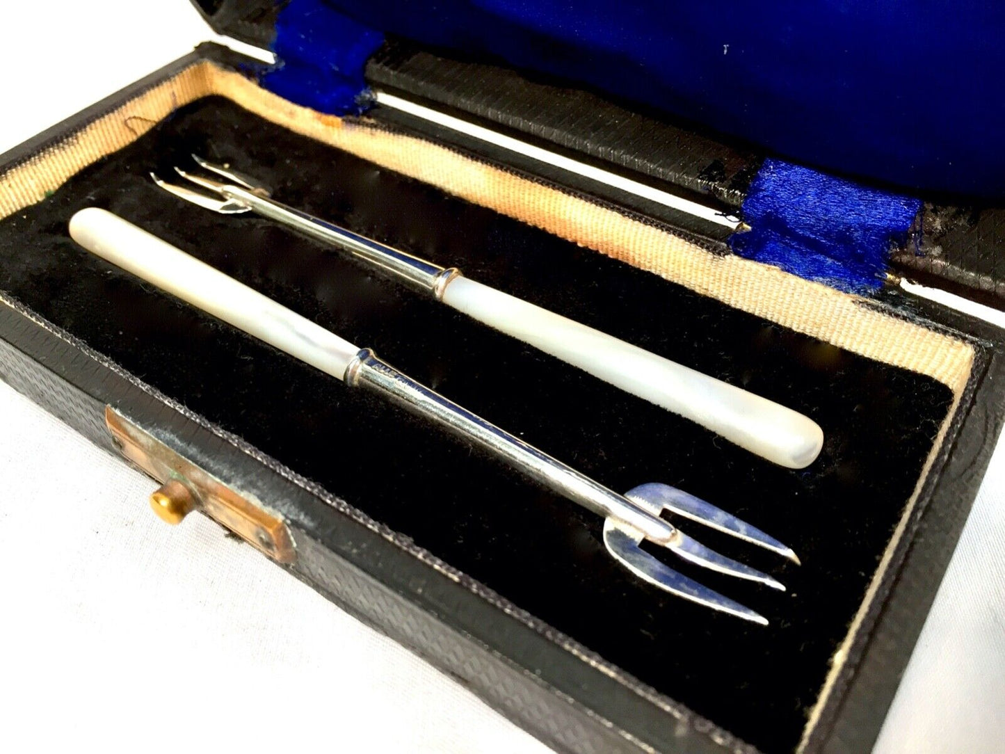 Antique Adie Lovekin Sterling Silver & Mother of Pearl Pickle Fork Pair / Boxed