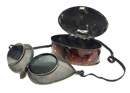 Antique Driving Glasses / Work Goggles In Metal Tin Case / Travel Box c.1920