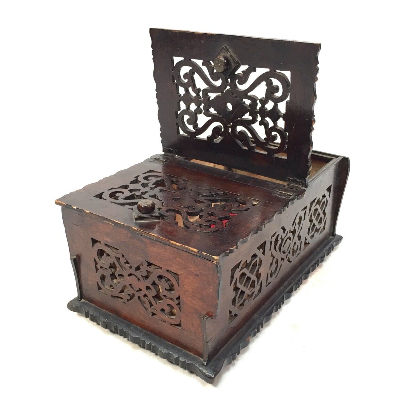 Antique Wooden Scratch Built Fretwork Design Tabletop Storage Box / Chest c.1950