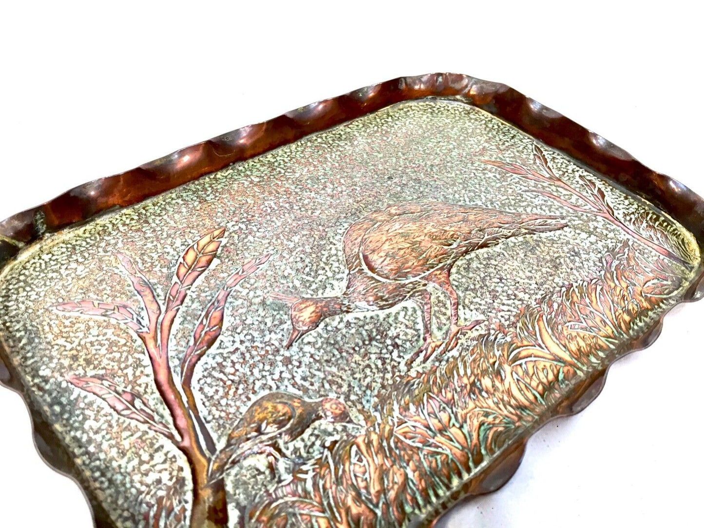 Antique Arts & Crafts Copper Tray / Pin Dish Depicting a Pheasant Bird / c.1900