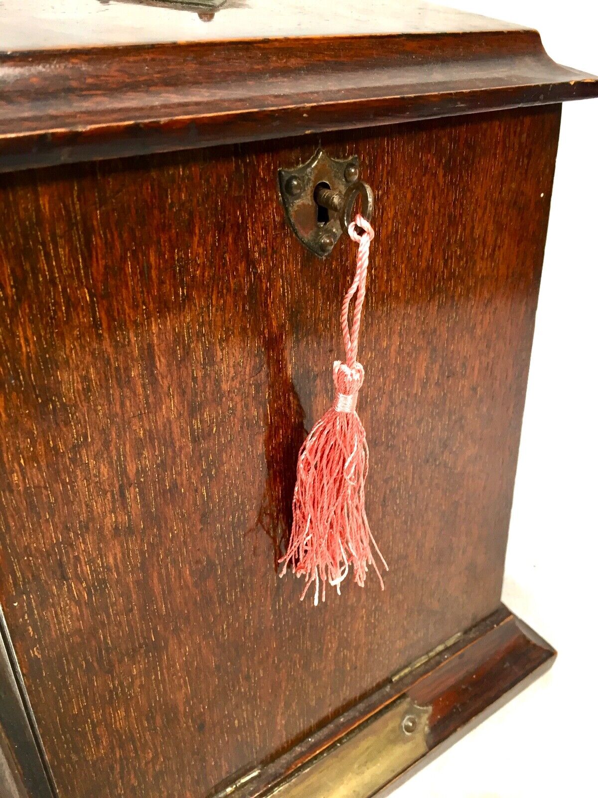 Antique Edwardian Tabletop Oak Stationery Cabinet Writing Box with Key c.1910