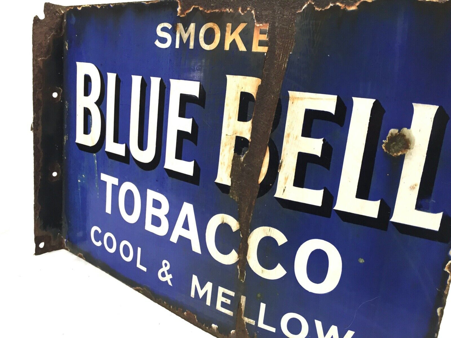 Antique Advertising Early 20th Century Double Side Blue Bell Tobacco Enamel Sign