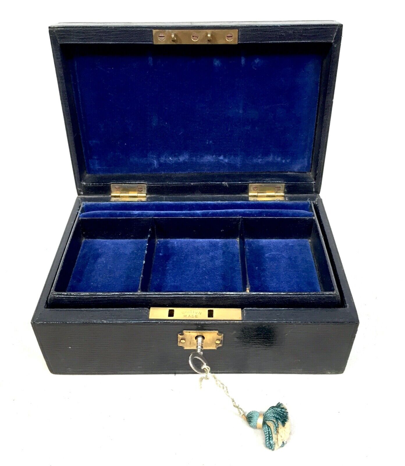 Antique Victorian Leather Bound Jewellery Box with Key c.1890 / Black / Blue