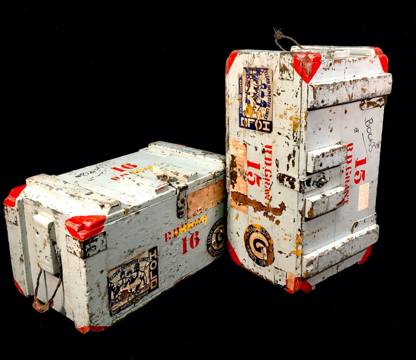 Antique Pair of Large Wood Painted Military Ammunition Crates / Trunk / Boxes