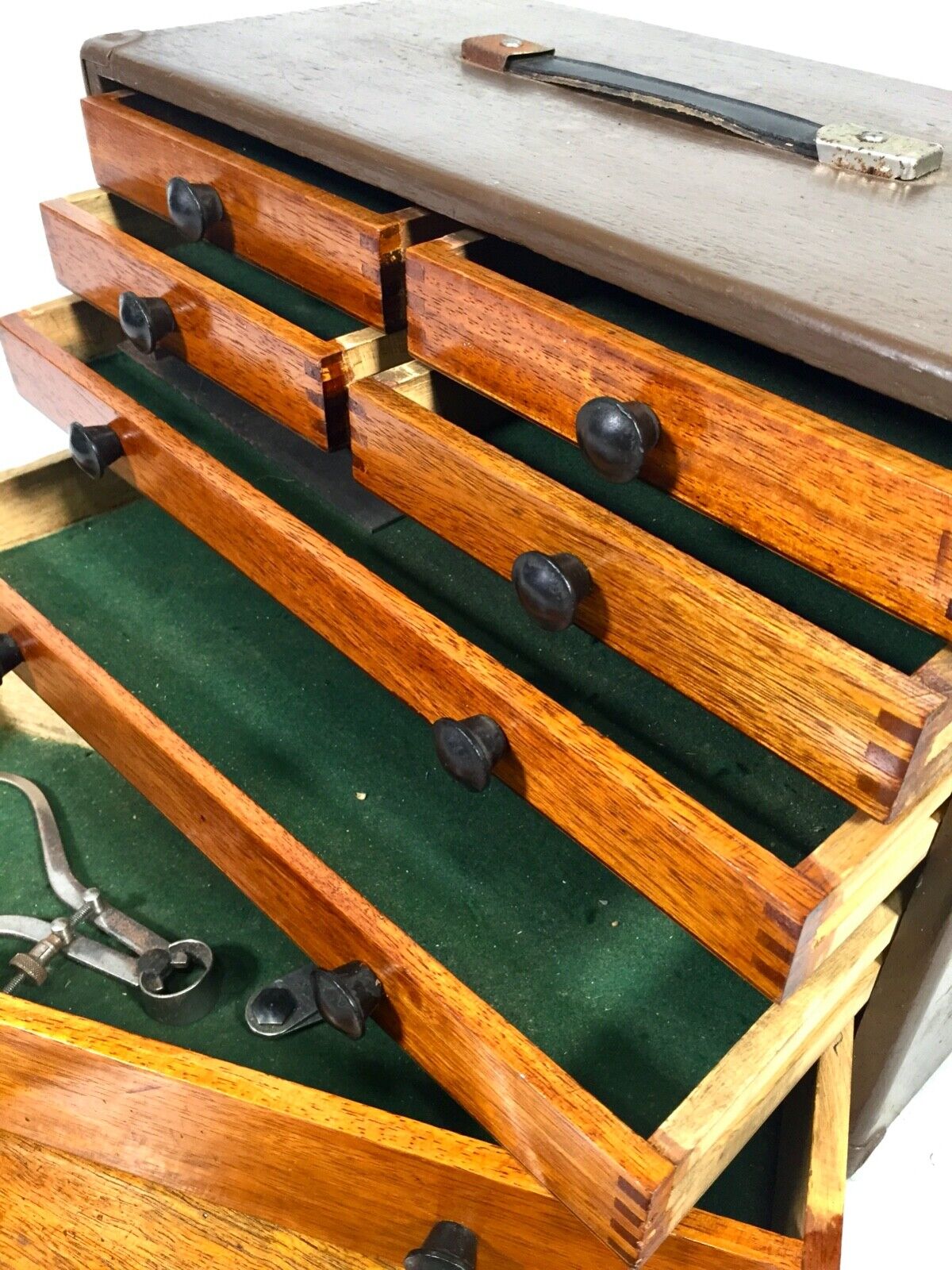 Antique Wooden Engineers Toolbox / Tool Box / Collectors Cabinet with Key