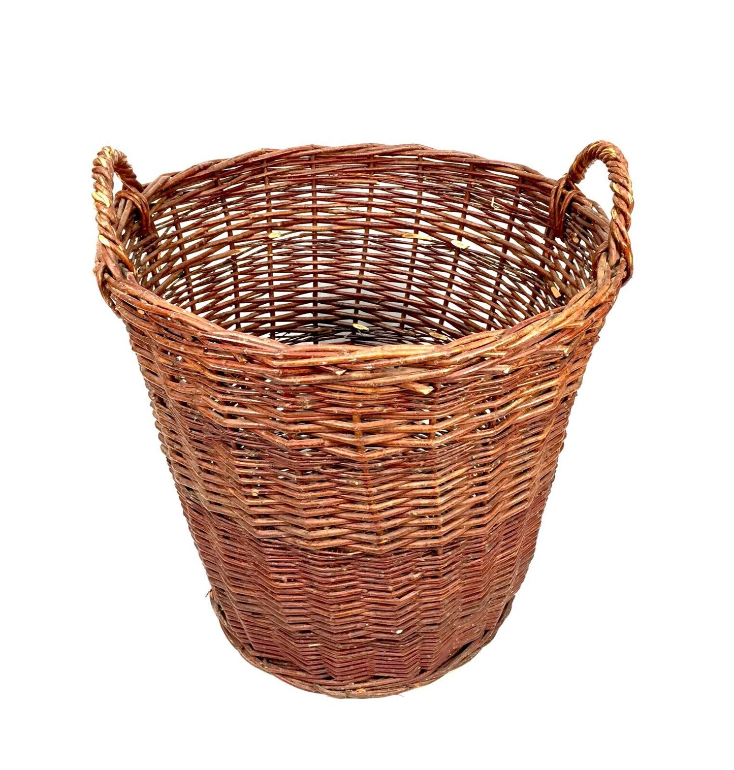 Very Large Vintage Round Wicker Log Storage Basket with Handles / 20th Century