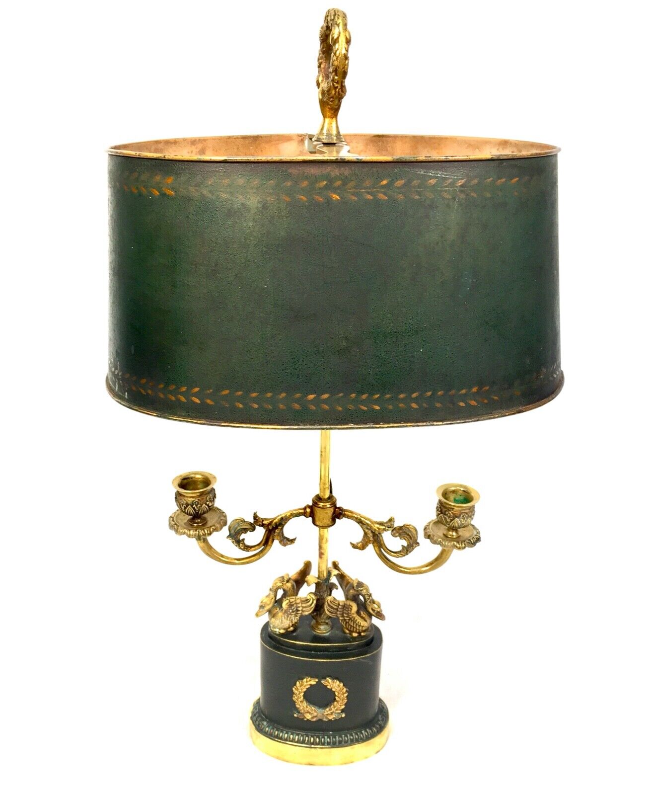 Antique Empire Style Swan Bouillotte Lamp, Early 20th Century Green Tole Shade