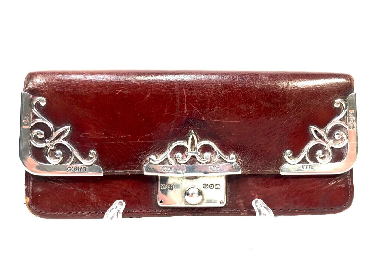 Antique Silver Covered Ladies Leather Maroon Purse Victorian 1894 / Art Nouveau