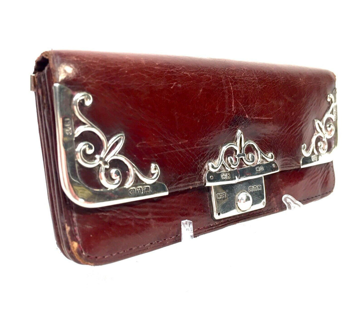 Antique Silver Covered Ladies Leather Maroon Purse Victorian 1894 / Art Nouveau