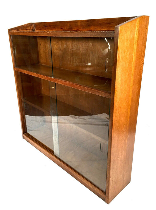 Mid Century Oak Glazed Sliding Glass Door Bookcase Display Cabinet 1950s Antique