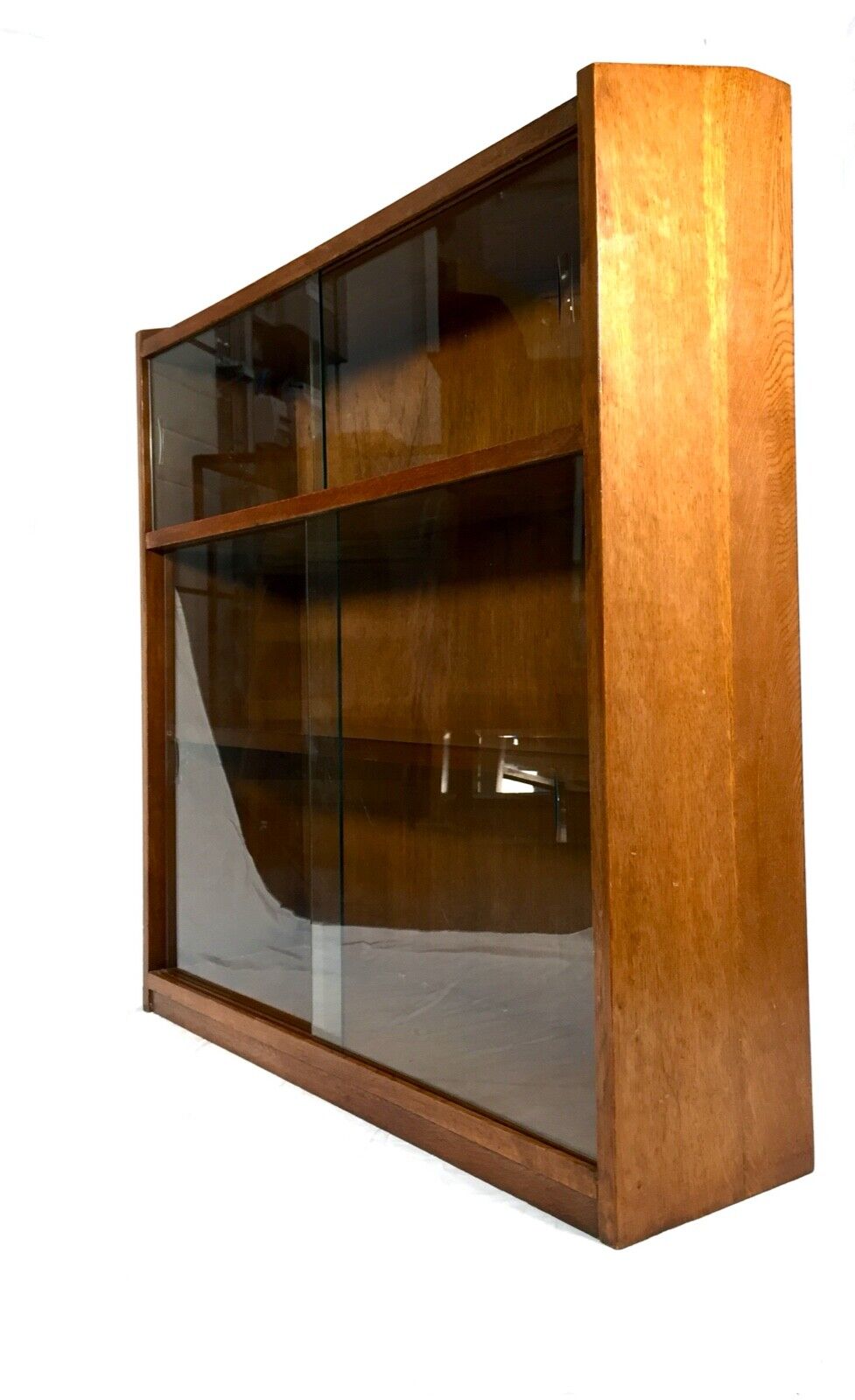 Mid Century Oak Glazed Sliding Glass Door Bookcase Display Cabinet 1950s Antique