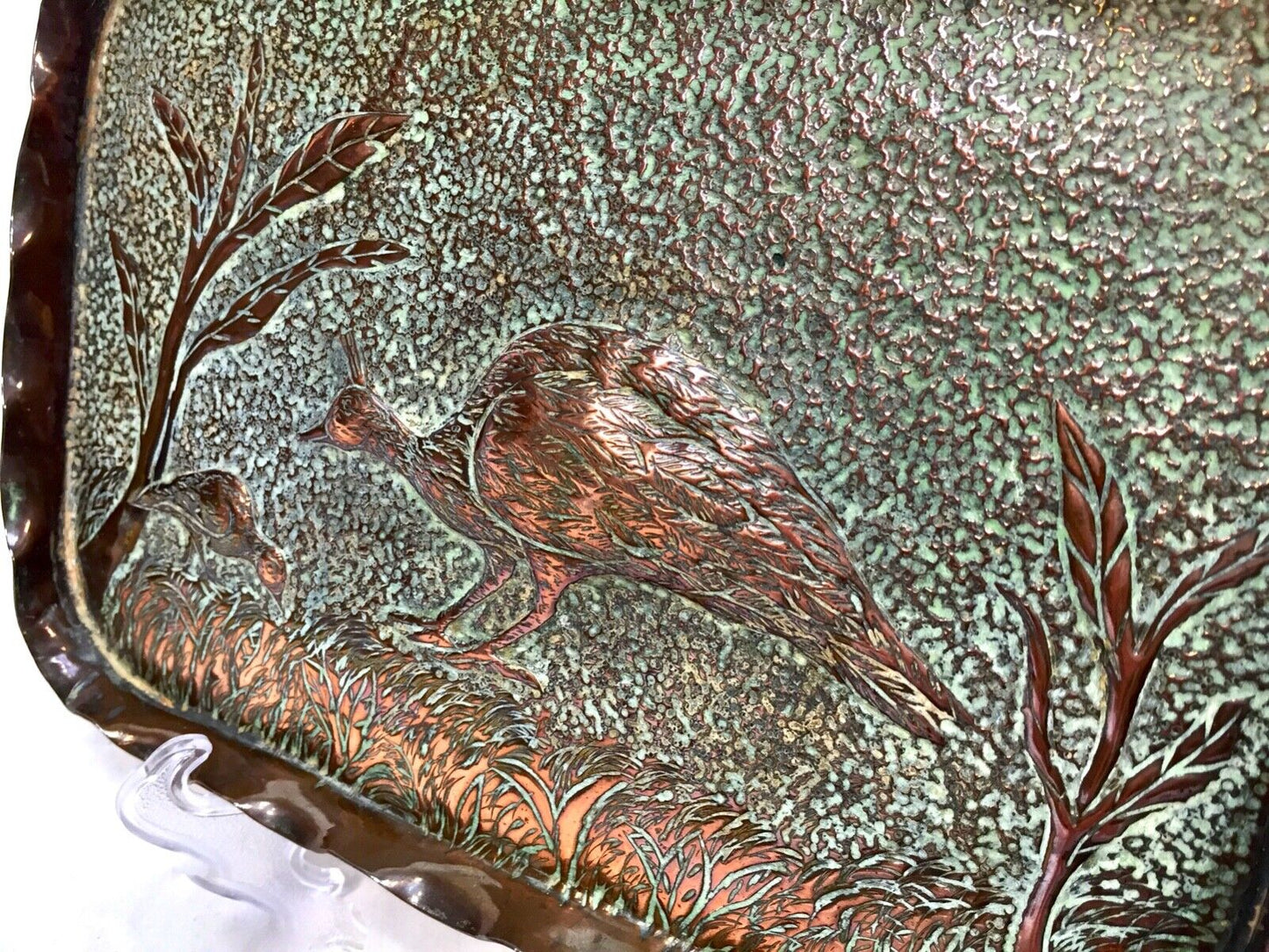 Antique Arts & Crafts Copper Tray / Pin Dish Depicting a Pheasant Bird / c.1900