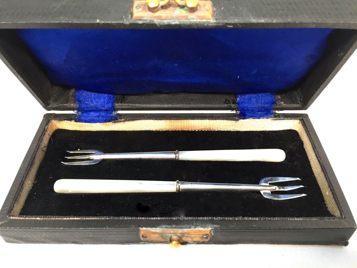 Antique Adie Lovekin Sterling Silver & Mother of Pearl Pickle Fork Pair / Boxed