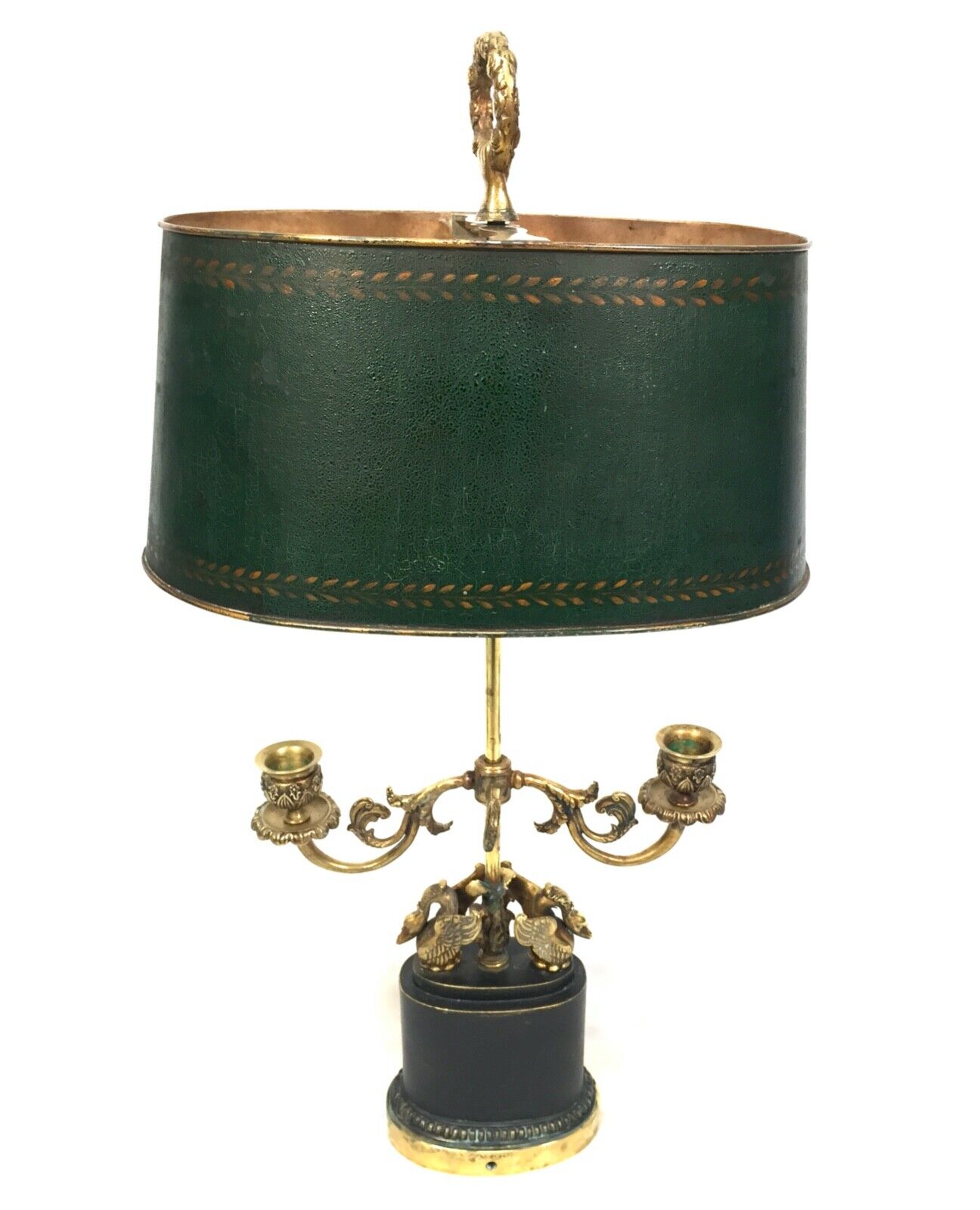 Antique Empire Style Swan Bouillotte Lamp, Early 20th Century Green Tole Shade