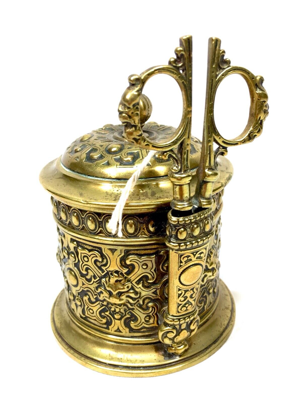 Antique Brass String Box / Dispenser With Scissors by Adolph Frankau & Co c.1870