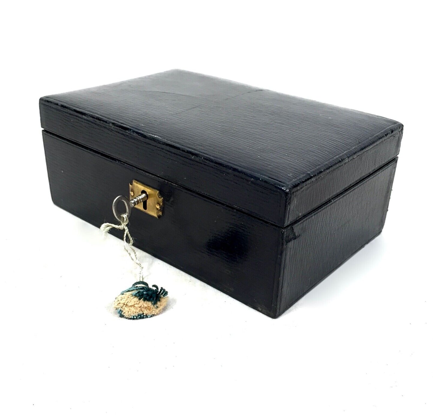 Antique Victorian Leather Bound Jewellery Box with Key c.1890 / Black / Blue