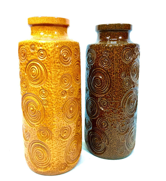 Vintage West German Pottery Vase Pair / Large / Brown & Mustard / Retro 1970s