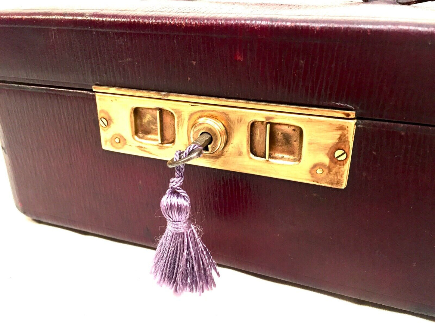 Antique Late Victorian Purple Leather Bound Jewellery Box with Key c.1900