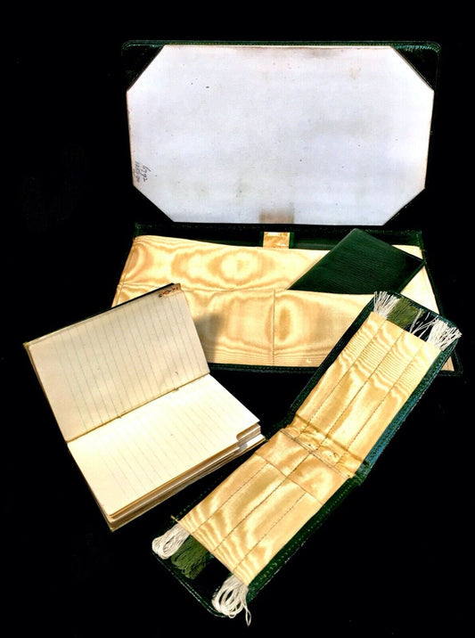 Antique Green Leather Travel Document Stationery Folder Set / Notepad / 1920s