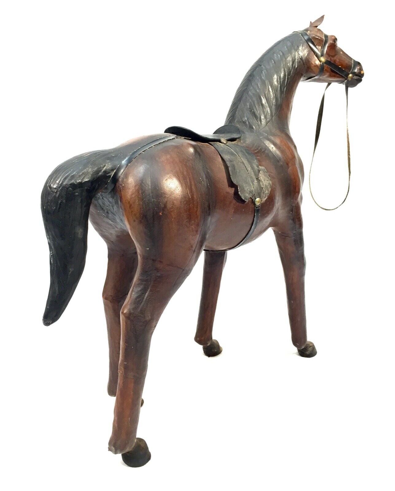 Vintage Mid 20th Century Large Sized Leather Horse Model Antique Floor Standing