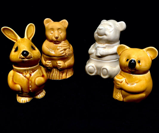 Set of Four Animal Shaped Honey Pots / Pooh Bear /  1990s Studio Pottery