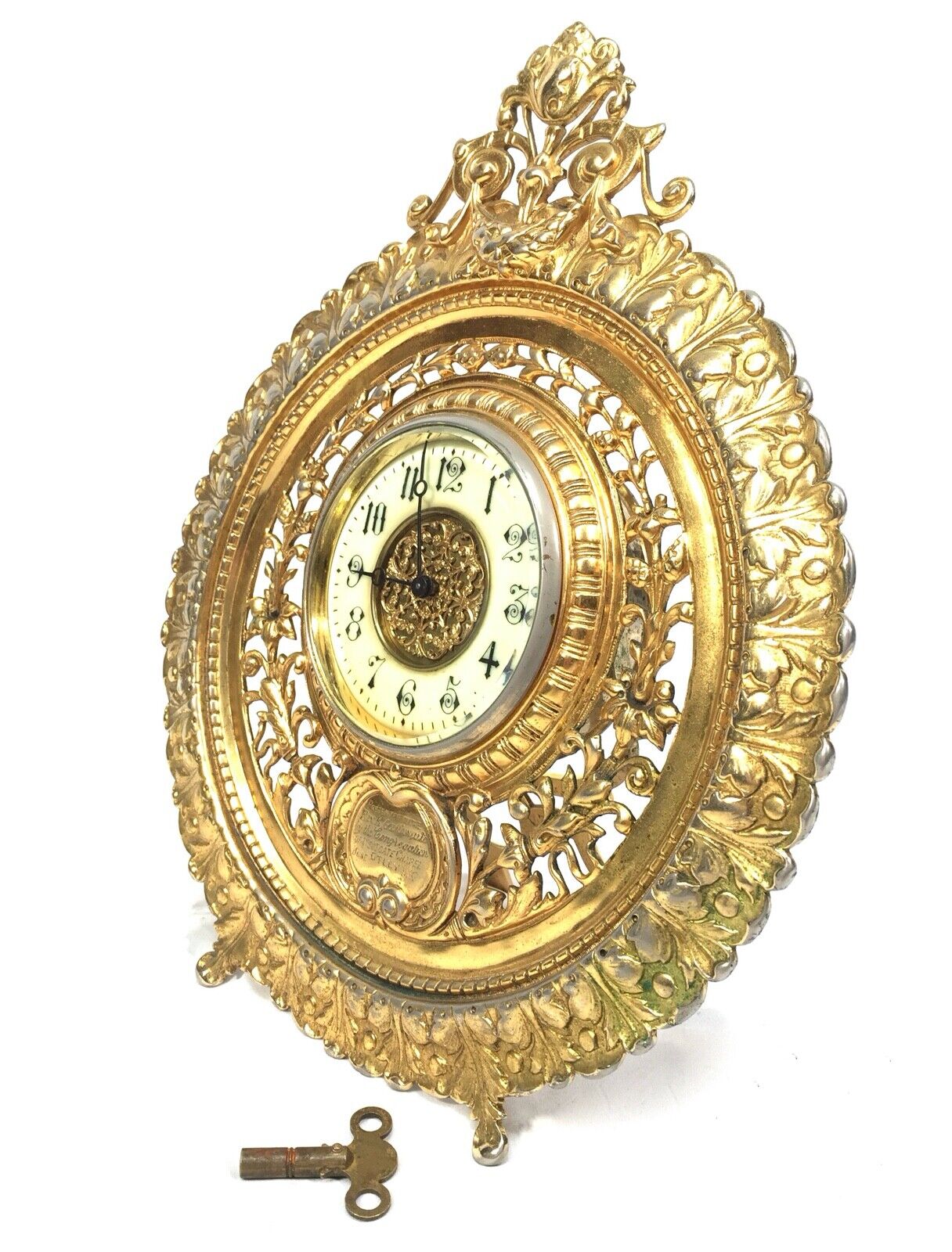 Antique Victorian Presentation Mantle Free Standing Gilt Metal Clock c.1897