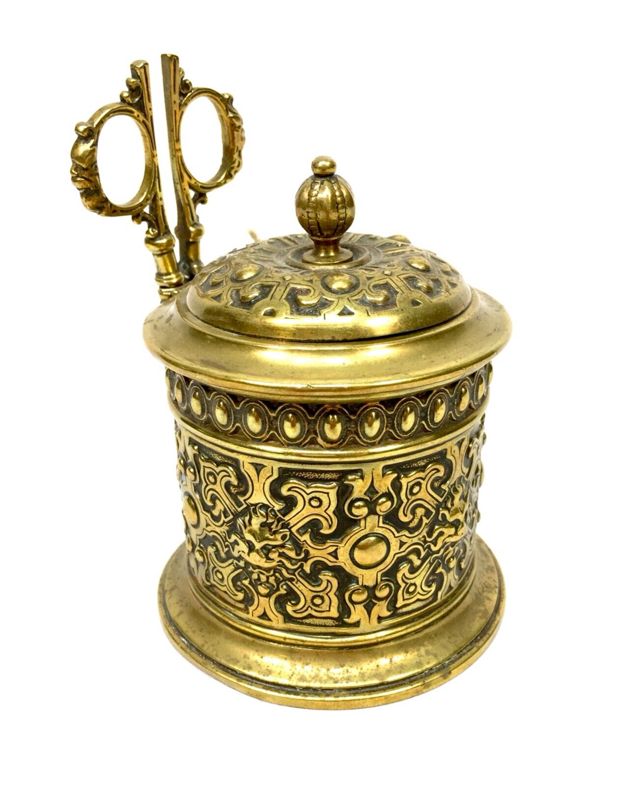 Antique Brass String Box / Dispenser With Scissors by Adolph Frankau & Co c.1870