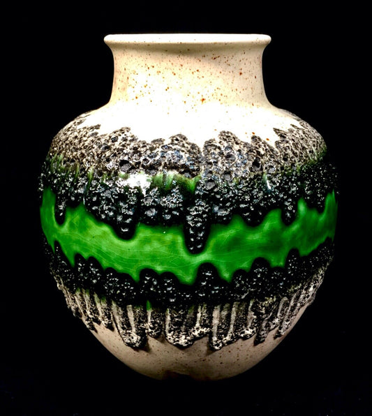 Vintage West German Pottery Fat Vase Bay Factory / Green  Black / Retro 1970s