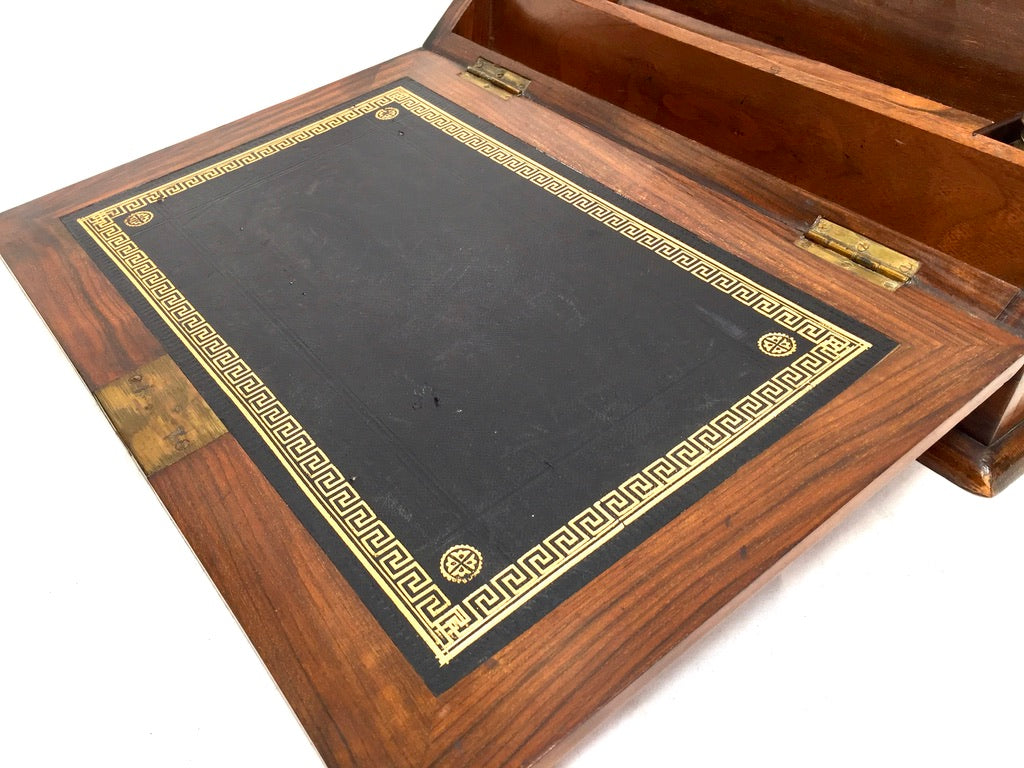 Antique Wooden Walnut Victorian Stationery Box Organiser Writing Slope with Key