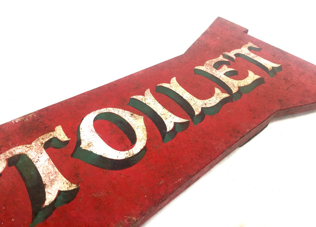 Vintage Wooden Hand Painted on Boards Red & White Toilet This Way Sign Arrow