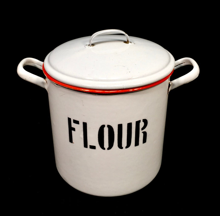 Antique Kitchenalia - White & Red Enamel Flour Bin with Lid Storage Box c.1950