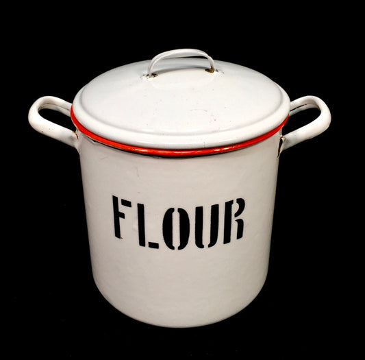 Antique Kitchenalia - White & Red Enamel Flour Bin with Lid Storage Box c.1950