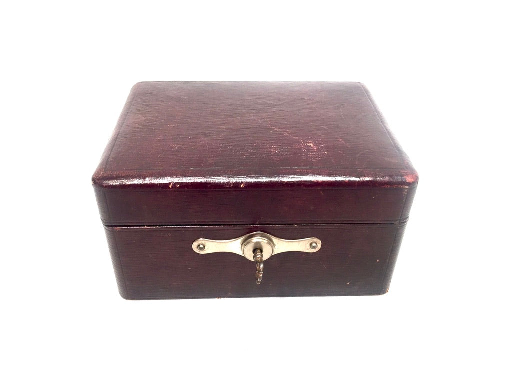 Antique Edwardian Leather Jewellery / Trinket Box with Key &amp; Working Lock c.1910