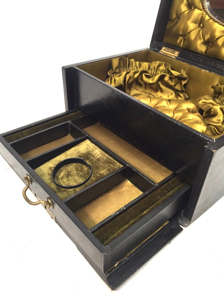 Antique 19th Century Black Leather & Brass Jewellery Trinket Storage Box c.1880