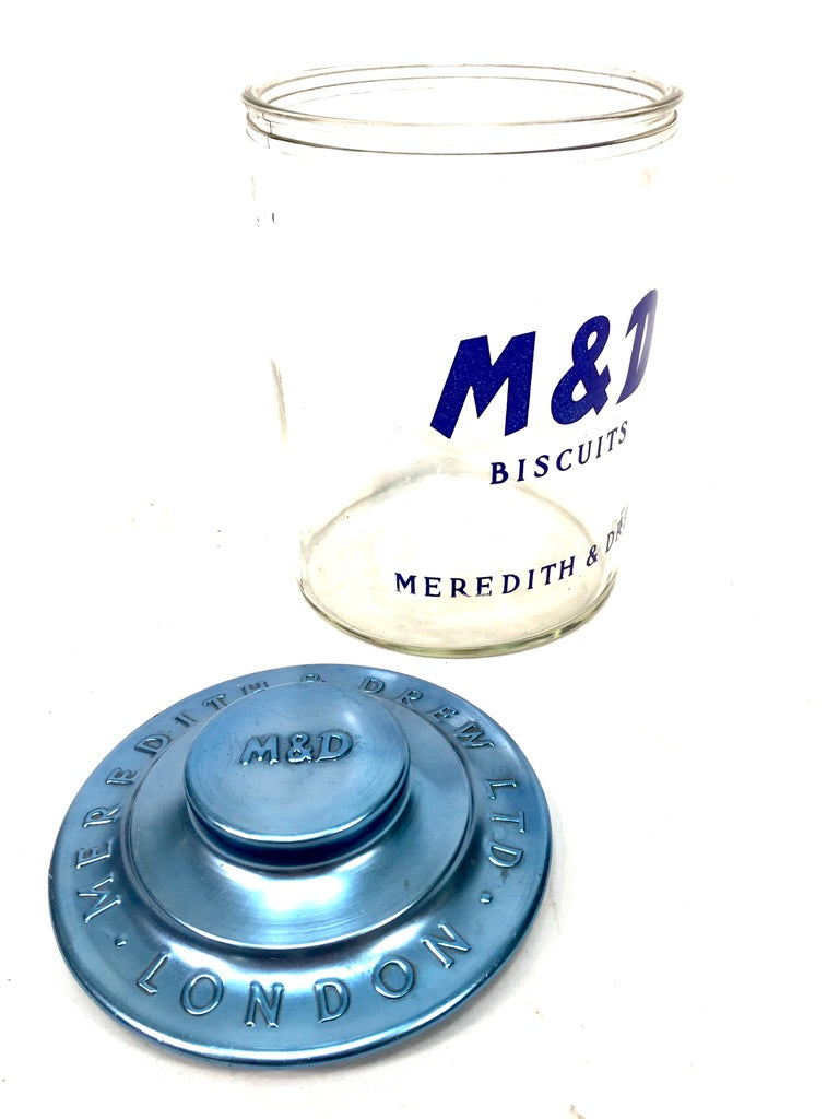 Antique Advertising - Shop Display Glass Meredith & Dew Biscuit Jar & Blue Lid