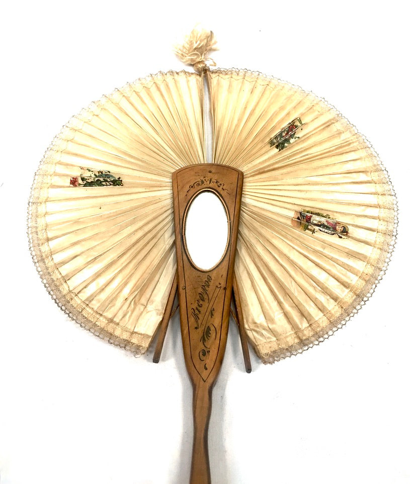 Antique Italian Sorrento Olive Wood & Paper Handheld Ladies Handbag Fan & Mirror