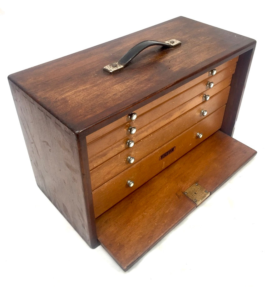 Antique Wooden Union Engineers Toolbox / Tool Box Collectors Cabinet with Key