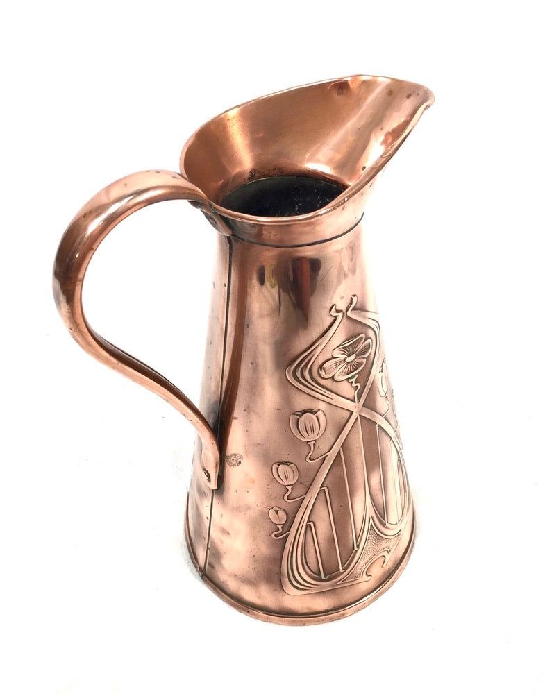 Antique Art Nouveau Joseph Sankey Embossed Floral Copper Pitcher / Large Jug