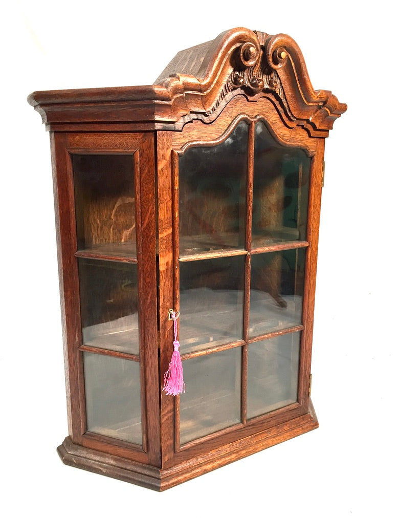 Antique Wooden Oak & Glass Wall Hanging Display Cabinet Storage Shelf with Key