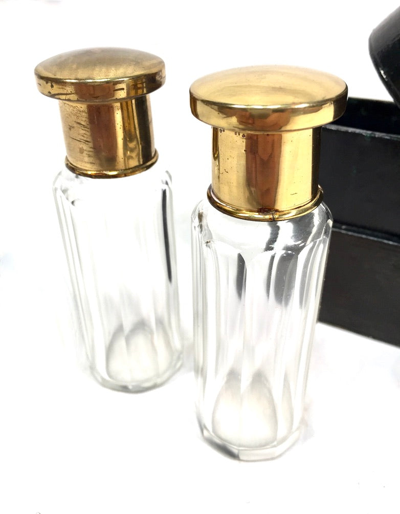 Antique Glass Fragrance / Perfume Scent Bottles in Leather Travel Case c.1930