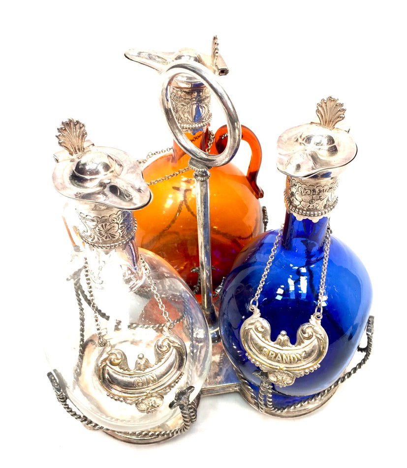 Antique Victorian Blue, Brown and Clear Glass Flagon Decanter Set Display Stand
