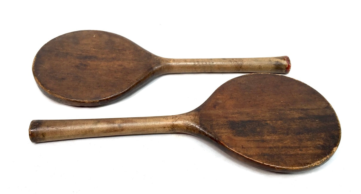 Antique Matching Pair of 1900s Wooden Ball Game Bats / Paddles / Table Tennis