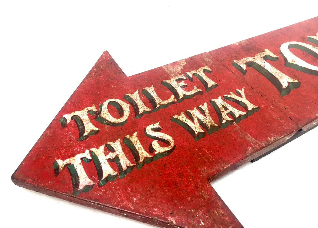Vintage Wooden Hand Painted on Boards Red & White Toilet This Way Sign Arrow