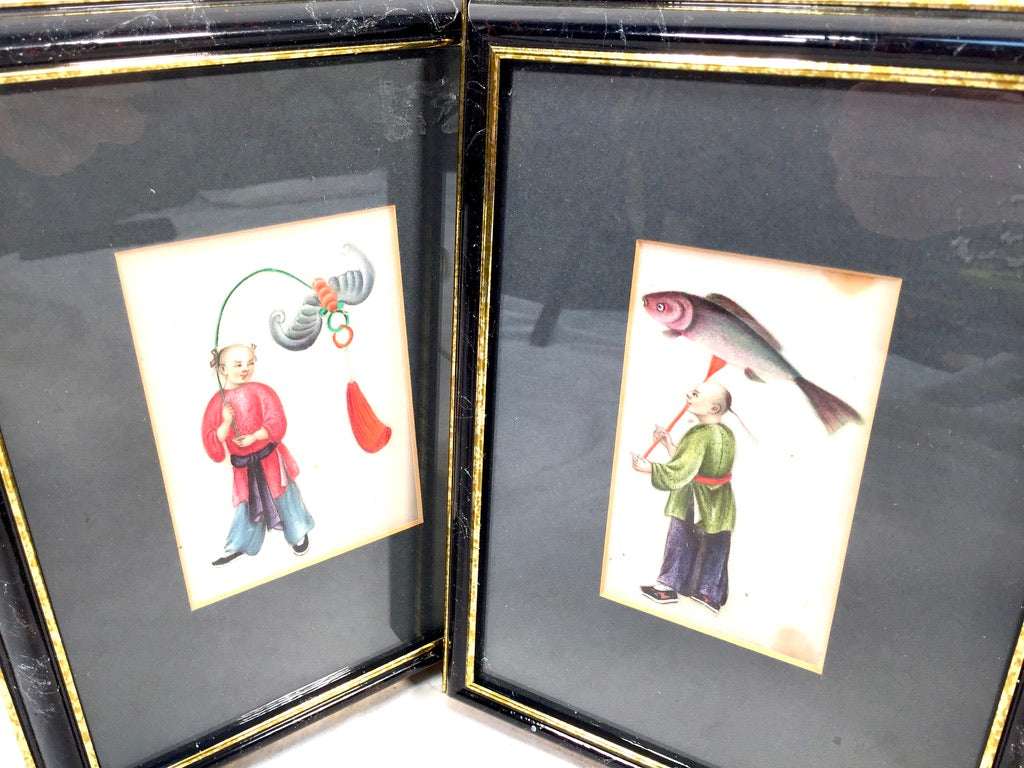 Antique Hand Painted Watercolour Framed Paintings on Rice / Pith Paper c.1900