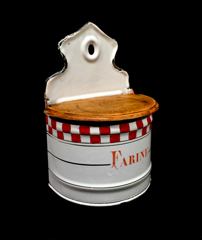 Antique Kitchenalia French Wall Mounted Enamel Red & White Enamel Flour Bin Box