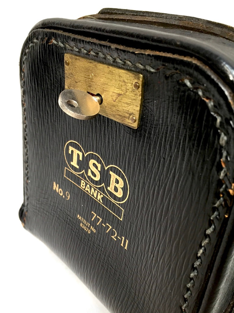Antique Black Leather TSB Bank Gladstone Style Safe Bag with Keys / Vintage