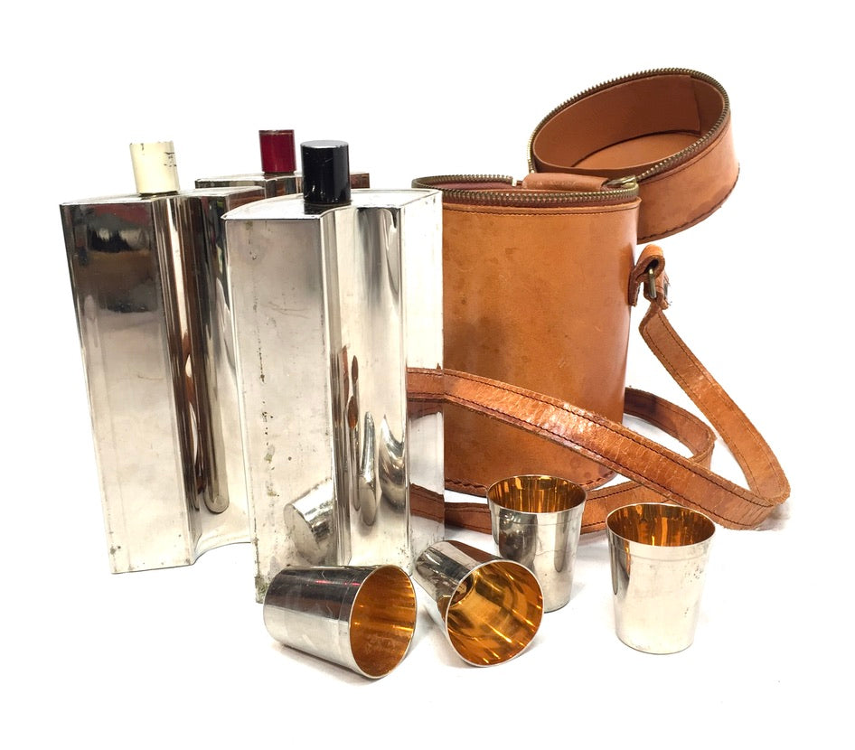 Antique Deco Metal Bottle Hip Flask Set in Original Leather Travel Case c.1930